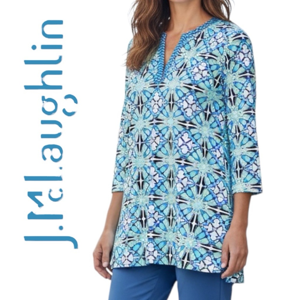 J McLaughlin Top Catalina Cloth Blue Mosaic/Tile Print Tunic 3/4 Sleeve Sz M